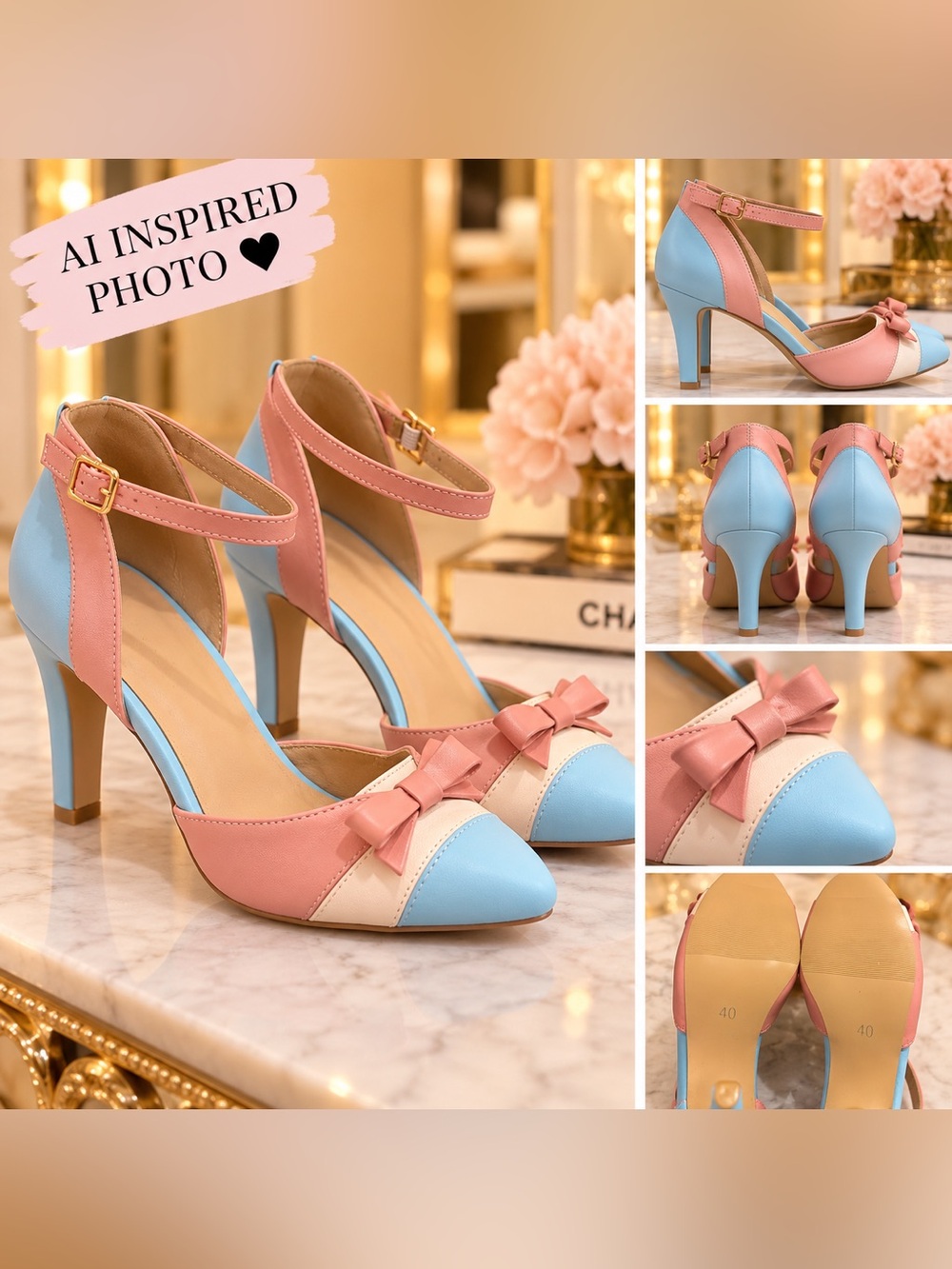 Unbranded Pink & Blue Bow Pumps | Colorblock Ankle Strap | EU 40